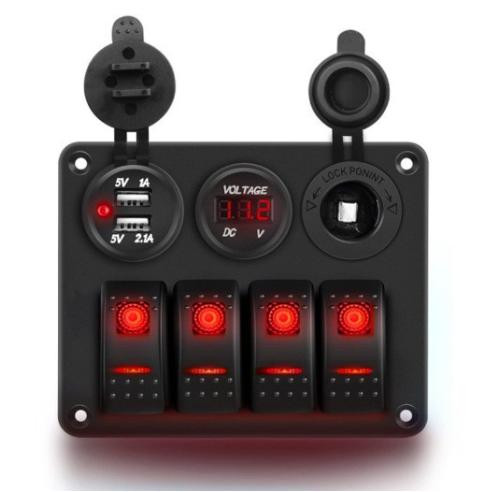 Car RV Camper 4-Gang Switch Panel with LED Voltmeter & Dual USB Red