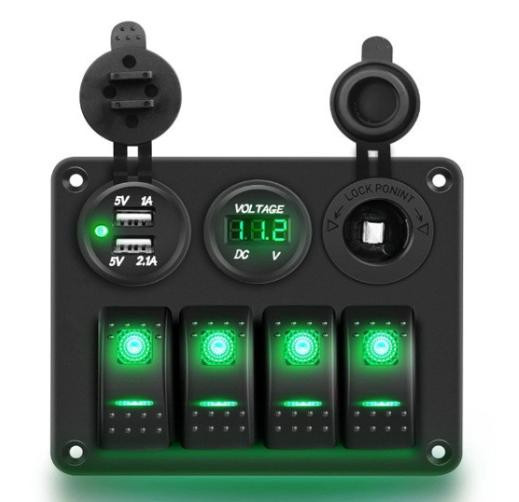 Car RV Camper 4-Gang Switch Panel with LED Voltmeter & Dual USB Green