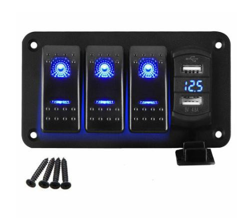 Switch Panel for Truck Marine Boat Rocker 3 Gang Dual USB Boat Car Blue