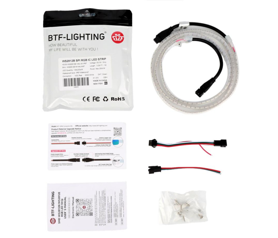 Адресная светодиодная лента WS2812B RGB5050 (белая, гибкая, 5В, 144 LED/м, 1 метр, IP67, водонепроницаемая)