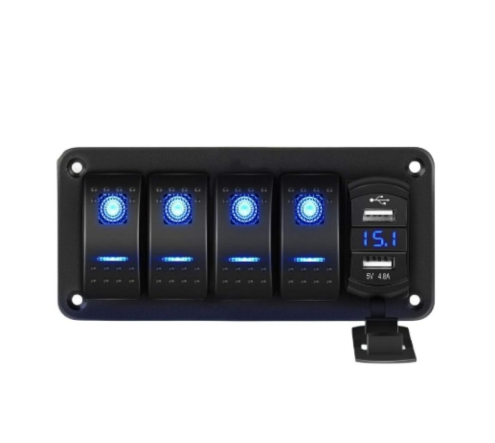 Switch Panel for Truck Marine Boat Rocker 4 Gang Dual USB Boat Car Blue