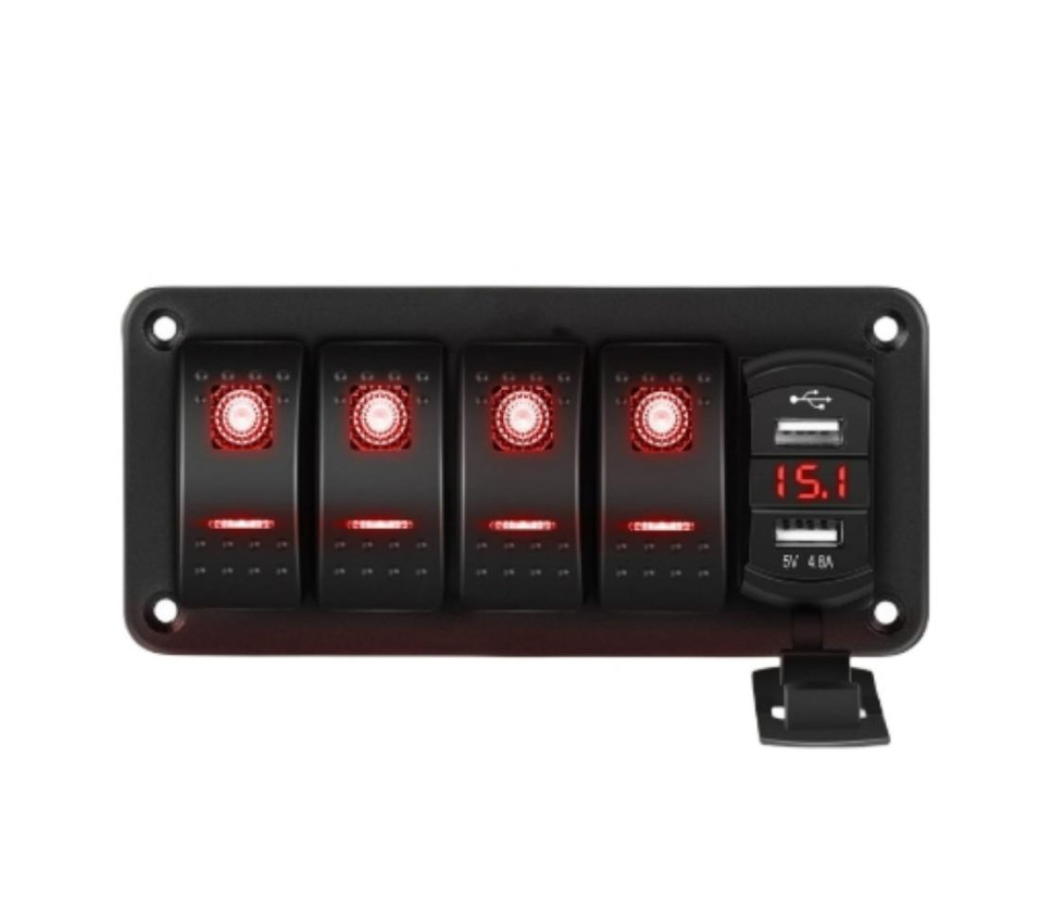 Switch Panel for Truck Marine Boat Rocker 4 Gang Dual USB Boat Car Red