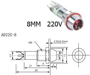 Зеленый светодиодный индикатор AD22C-8 (220В, металл)