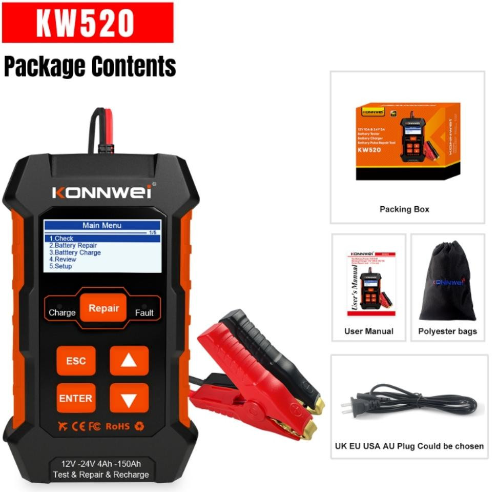Charger Lead Acid Car Battery Pulse Repair Truck Battery Tester 12V10A /24V5A Car KONNWEI KW520 Tool EU Plug