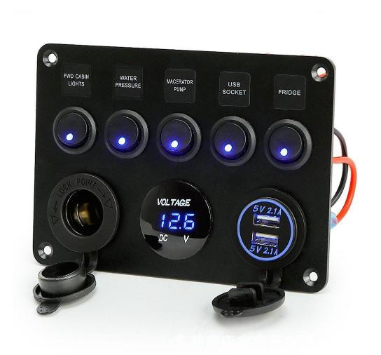 5 Gang LED Car Charger 12V Switch Panel Power Voltmeter Switch Blue Outlet Dual USB Charger Digital