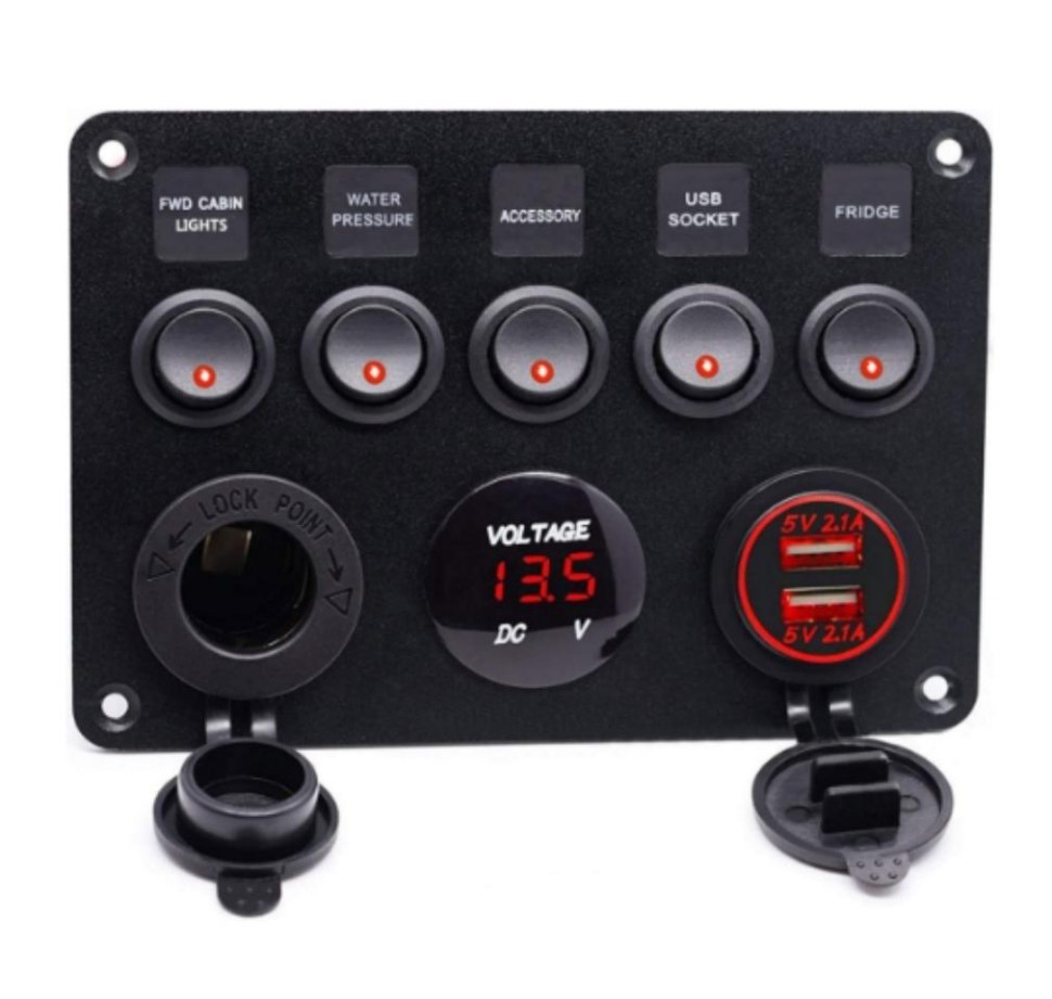 5 Gang LED Car Charger 12V Switch Panel Power Voltmeter Switch Red Outlet Dual USB Charger Digital