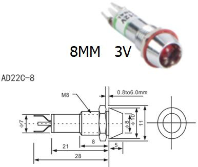 Зеленый светодиодный индикатор AD22C-8 (3В, металл)