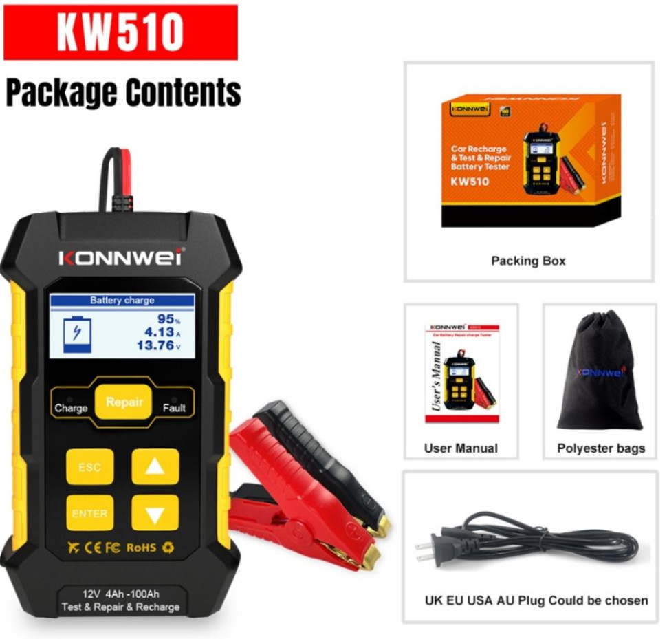 Battery Charger+Battery Battery Tester+12V 5A KONNWEI KW510 12V Pulse Repair Tool AU Plug