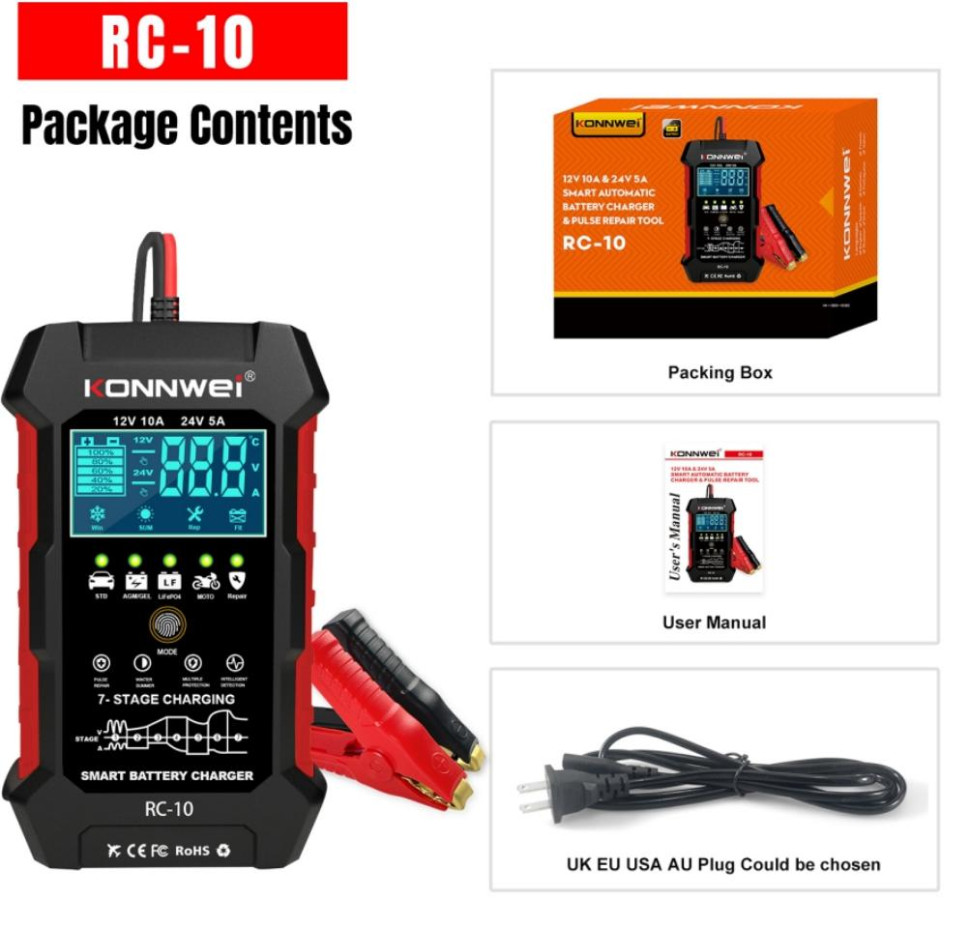 12V 10A/24V 5A Smart Charger Pulse Repair Automatic Battery KONNWEI RC-10 Tool UK Plug