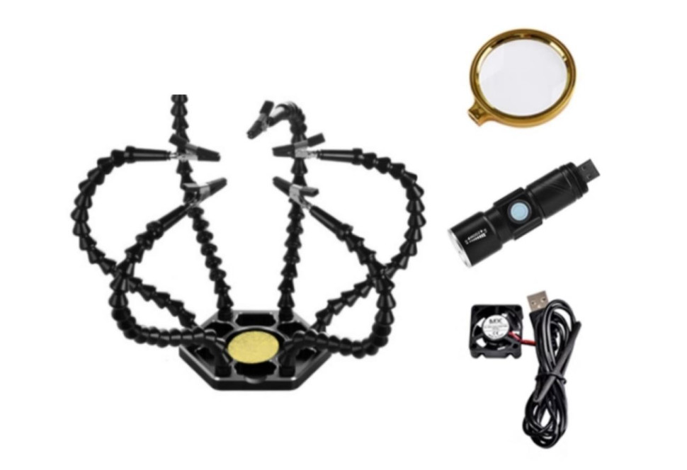 Magnifying Glass + Electric PCB Welding Flexible Black Multifunctional (6 Holes 6 Arms + Torch + Fan) Arms