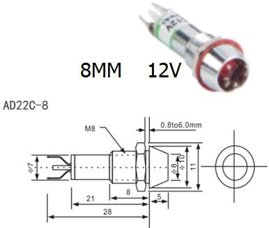 Белый светодиодный индикатор AD22C-8 (12В, металл)