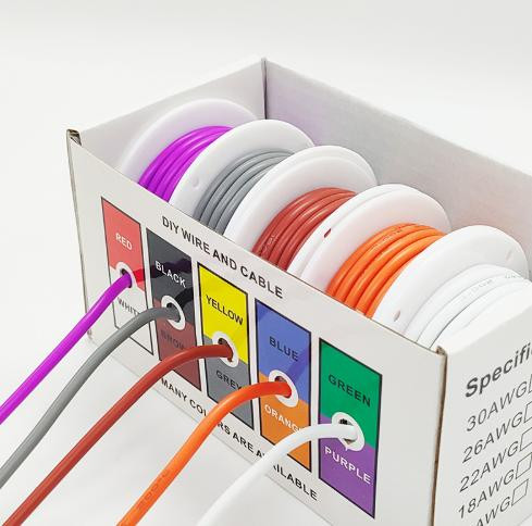 White/Orange/Brown/Gr Flexible Silicone Wires 24AWG 5rollsx10M ay/Purple