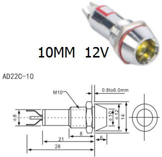 Зеленый светодиодный индикатор AD22C-10 (12В, металл)