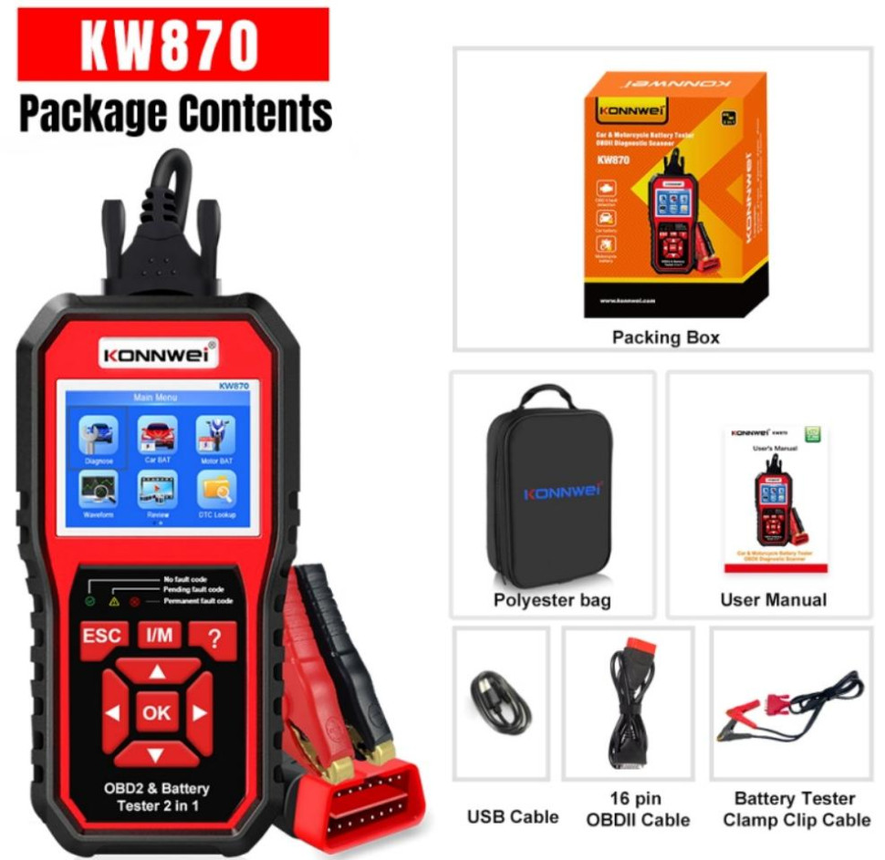 Car Motorcycle Battery KONNWEI KW870 12V Diagnostics Tool Tester Car OBD2 Scanner