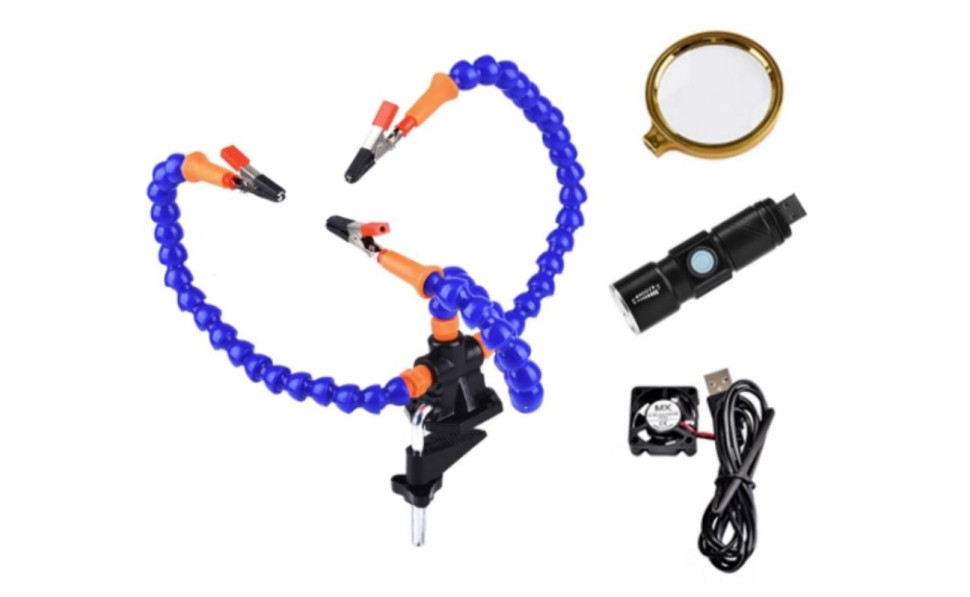 Magnifying Glass + Electric PCB Welding Flexible Blue Multifunctional (3 Holes 3 Arms + Torch + Fan) Arms